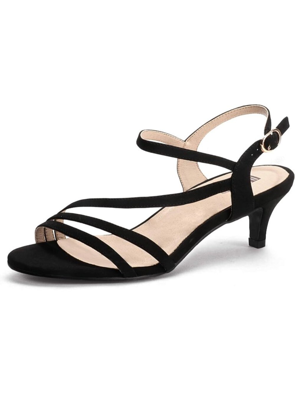 Women's Black Nubuck Low Kitten Heels Open Toe Heel Buckle Ankle Strap Sandals